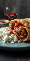 Delicious sandwich filled with seasoned meat and rice served on a plate with sauce in a cozy setting photo