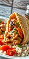 Delicious wrap filled with grilled chicken, vegetables, and savory sauce served with rice and fresh tomatoes photo