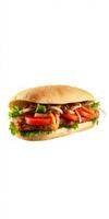 Savory sandwich with crispy chicken, fresh vegetables, and a sesame seed bun ready to delight taste buds photo
