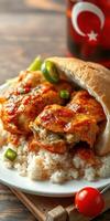 Delicious spicy chicken served with rice and fresh garnishes in a cozy setting photo