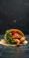 Delicious wrap filled with grilled chicken, fresh vegetables, and cilantro garnished on a dark surface photo