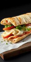 Freshly made sandwich with vegetables and cheese served on a wooden board in a modern setting photo