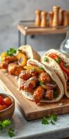 Delicious pita wraps filled with grilled chicken, fresh vegetables, and flavorful sauce on a wooden cutting board photo