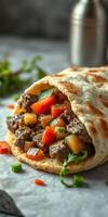 Delicious flatbread wrap filled with seasoned beef, diced vegetables, and fresh herbs on a wooden table photo