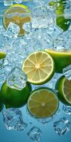 Fresh limes and ice cubes create a refreshing splash in cool water photo
