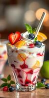Fresh fruit parfait with colorful layers and mint garnish served in a glass photo