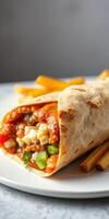Delicious burrito filled with savory ingredients served with crispy fries on a white plate photo