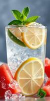 Refreshing drink with lemon, lime, and watermelon served over ice photo