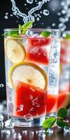Refreshing watermelon and lemon beverage served with mint leaves in tall glasses photo