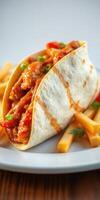 Delicious taco filled with spicy chicken and served with crispy fries on a white plate photo