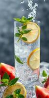 Refreshing drink with lemon and mint garnishes served over ice with watermelon slices on the side photo