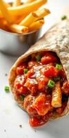 Delicious wrap filled with savory chicken and crispy fries served in a modern eatery environment photo