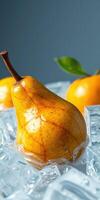 Fresh fruits on ice highlighting the vibrant colors and textures of pears and oranges in a still-life composition photo