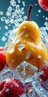 Fresh yellow pear surrounded by red raspberries and ice cubes glistening under cool blue light photo
