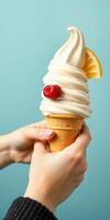 Hand holding a soft serve ice cream cone with a cherry and orange slice against a blue background photo