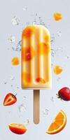 Colorful popsicle surrounded by fresh fruit and ice cubes on a light background photo