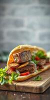 Delicious meat sandwich with fresh vegetables and herbs served on wooden board photo