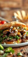 Mouthwatering sandwich filled with grilled meat, fresh lettuce, and flavorful sauces served on a wooden table photo