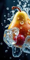 Pear and cherry splashing through ice cubes with droplets on a dark background photo