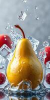 Fresh pear surrounded by ice cubes and red berries creating a refreshing display in a bright setting photo