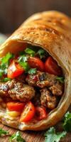 Delicious wrapped flatbread filled with savory meat, fresh tomatoes, and herbs in a cozy setting photo