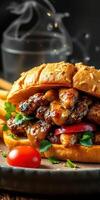 Delicious grilled chicken sandwich loaded with fresh ingredients served with crispy fries photo