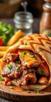Delicious grilled chicken wrap with cheese and fresh toppings served on a wooden board photo