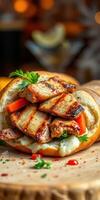Grilled chicken sandwich with fresh vegetables and herbs served on a wooden board photo