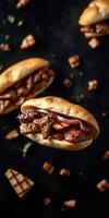 Delicious grilled meat sandwiches served on a dark background with crispy toppings and a rich texture photo