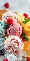 Colorful ice cream scoops arranged with fresh fruits and toppings on a marble surface in a tempting dessert display photo