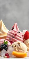 Colorful ice cream varieties with berries and toppings at a summer dessert display in a cozy setting photo