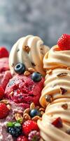 Delicious assortment of colorful ice cream scoops garnished with fresh berries and crunchy toppings photo