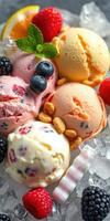 Colorful variety of artisanal ice cream served on crushed ice with fresh berries in a summer setting photo