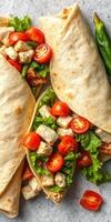 Fresh vegetable wraps with grilled chicken, cherry tomatoes, and greens ready for a healthy meal photo
