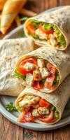 Delicious chicken wraps served on a plate with fresh vegetables and soft tortillas photo