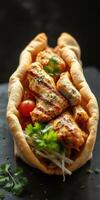 Grilled chicken served in a warm flatbread with fresh vegetables and herbs photo