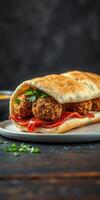 Delicious falafel sandwich served on a plate with fresh herbs and chili sauce photo