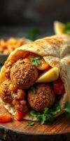 Delicious falafel wrap filled with fresh vegetables and tahini sauce served on a rustic wooden table photo