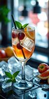 Refreshing summer beverage served in a glass with fruit and ice in a cozy indoor setting photo