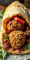 Delicious wrap filled with savory spiced falafel, fresh vegetables, and aromatic herbs served on a rustic wooden table photo