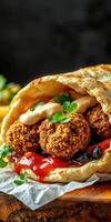 Delicious falafel wrap with fresh toppings served on wooden board in a cozy setting photo
