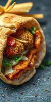 Savory wrap filled with falafel, roasted vegetables, and creamy sauce on a dark textured surface photo