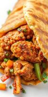 Spicy fried chicken wrapped in warm flatbread with fresh vegetables enjoys a delicious meal photo