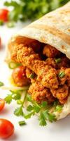 Crispy chicken wrapped in flatbread with fresh vegetables and herbs at a casual dining setting photo