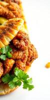 Delicious spicy fried chicken nestled in soft bread with fresh herbs and vibrant colors photo