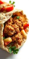 Delicious chicken wrap filled with fresh vegetables and flavorful sauce served on a white background photo