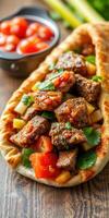 Delicious flatbread topped with succulent meat, fresh vegetables, and spicy sauce on wooden table photo