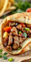 Savory grilled meat wrapped in soft pita with fresh vegetables on a rustic wooden table photo