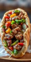 Flavorful meat wrap filled with fresh vegetables and vibrant colors served on a wooden plate photo