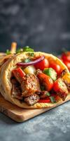 Delicious wrap filled with grilled chicken, fresh vegetables, and herbs on a wooden board photo